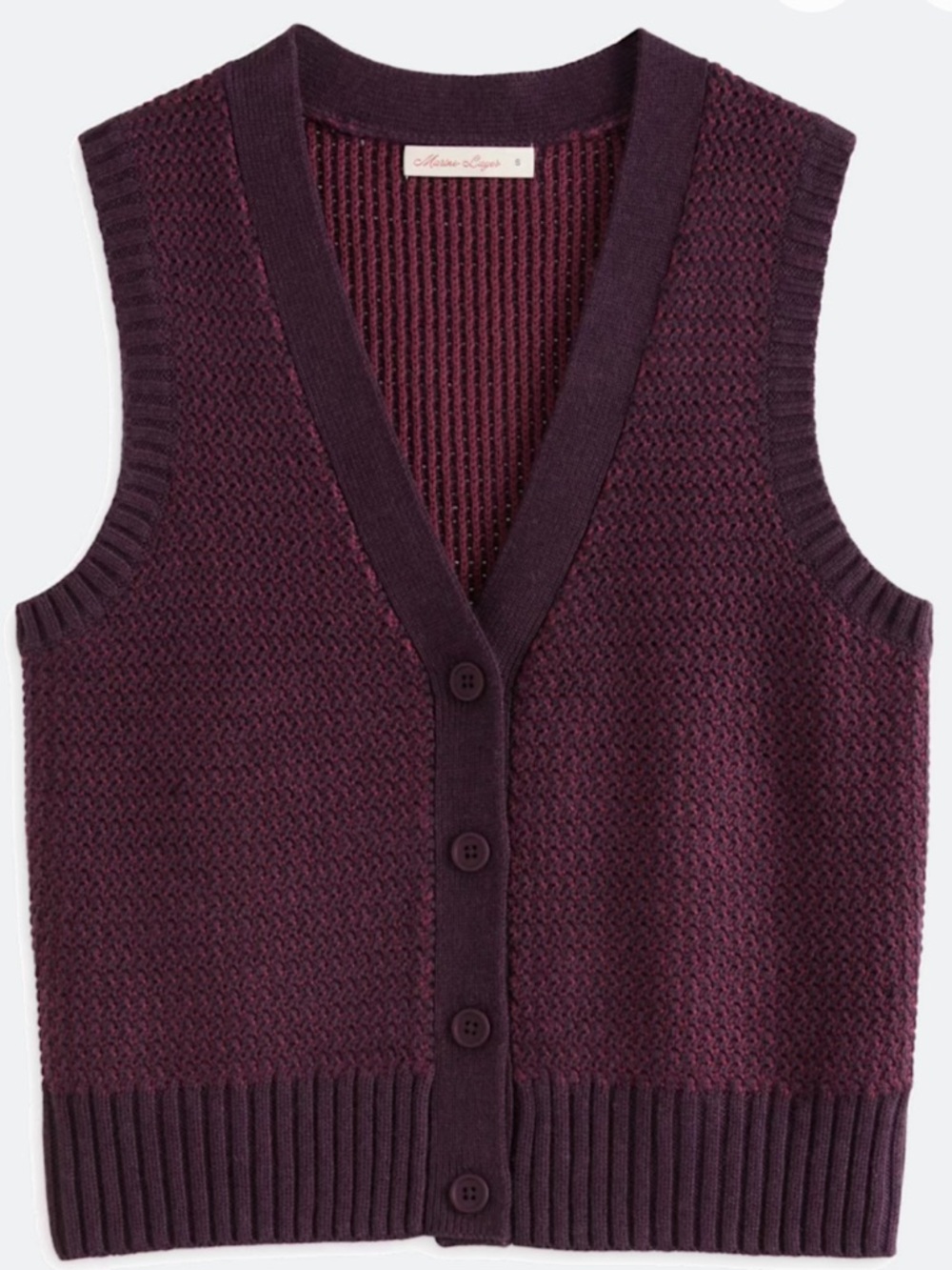 Marine Layer Robin Textured Sweater Vest in Deep Purple l V-Neck Button Sweater